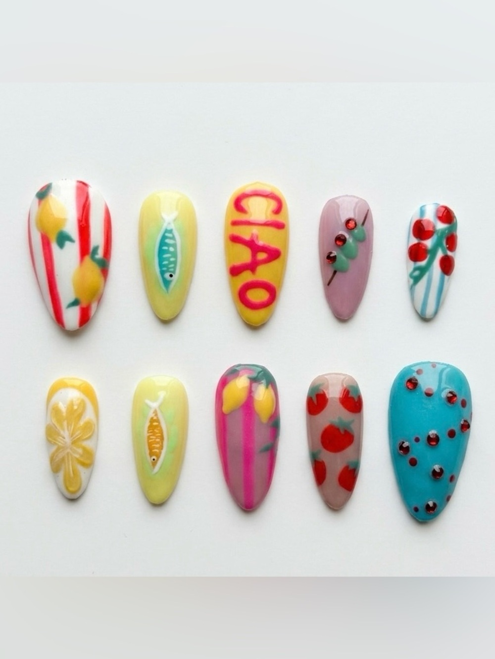 Colorful Italian 'CIAO' & Fruit Pattern Press-On Nails